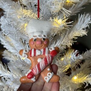 Gingerbread Chef Ornament with Candy Cane - White and Brown